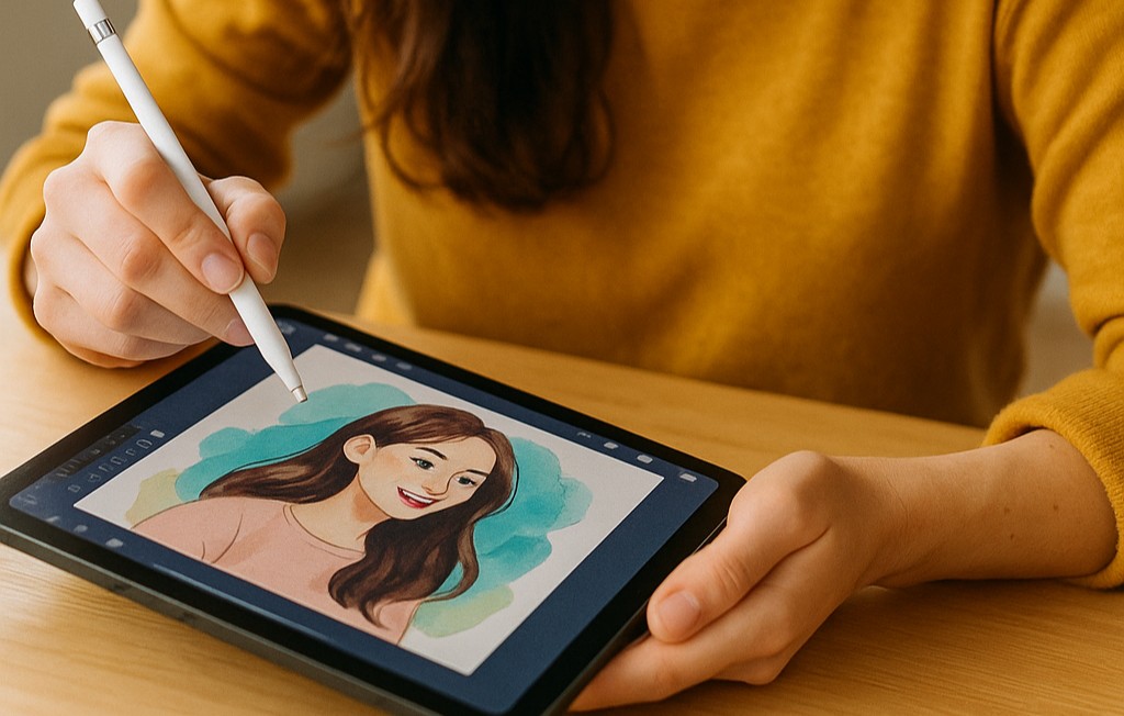 デジタルイラストをiPadで描いている女性の手元。iPadには女性が書いた女の人のイラストが写っている