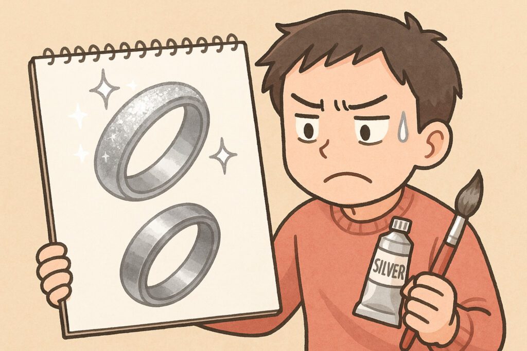 銀の指輪を描こうとしたアーティストが、銀色のチューブ絵具を使った結果、想像以上にラメが強くメタリックになってしまい困惑している様子のイラスト。画面左側にはラメでギラギラした銀の指輪の絵、右側には通常の水彩で明暗を丁寧に塗り分けて描かれた自然な銀の指輪の絵が並んでいる。横構図。