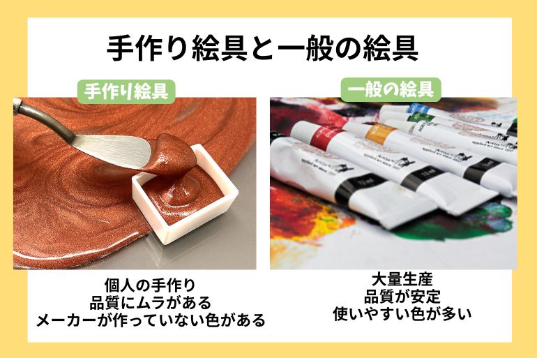 手作り絵具と一般の絵具の比較。左にはラメ入りの手作り水彩絵具とスパチュラ、右にはチューブ入りの一般的な水彩絵具が並ぶ。手作りは色に個性、一般品は安定品質が特徴。