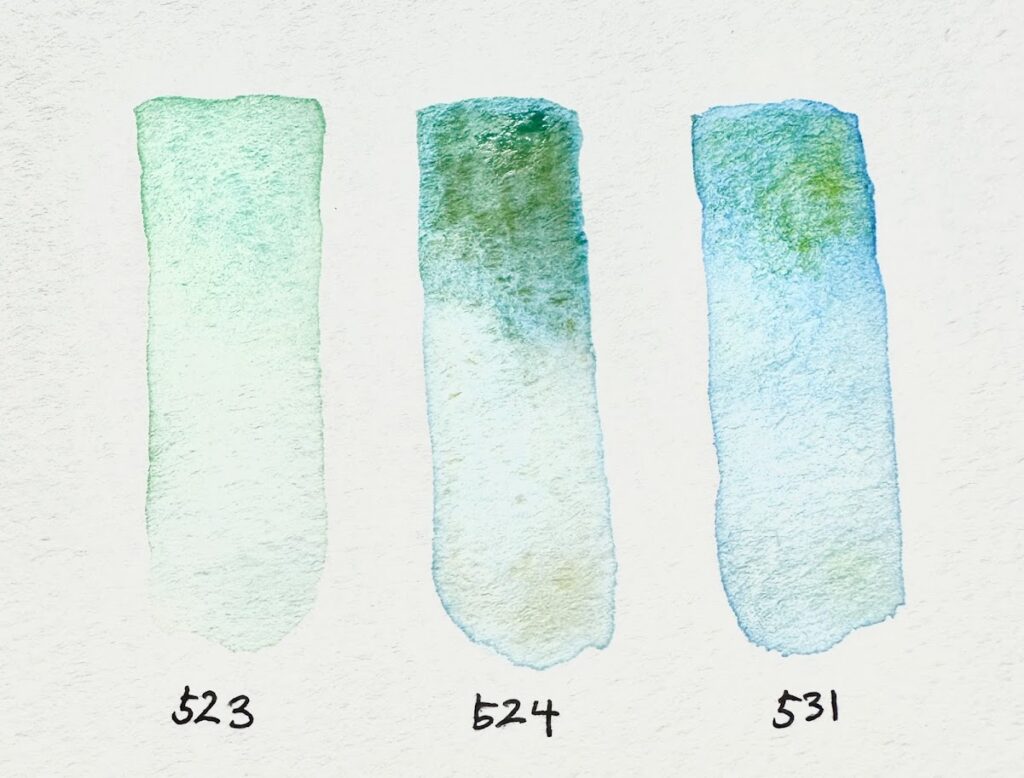 ホルベインのグラニュレーション水彩の523，524、531の色見本