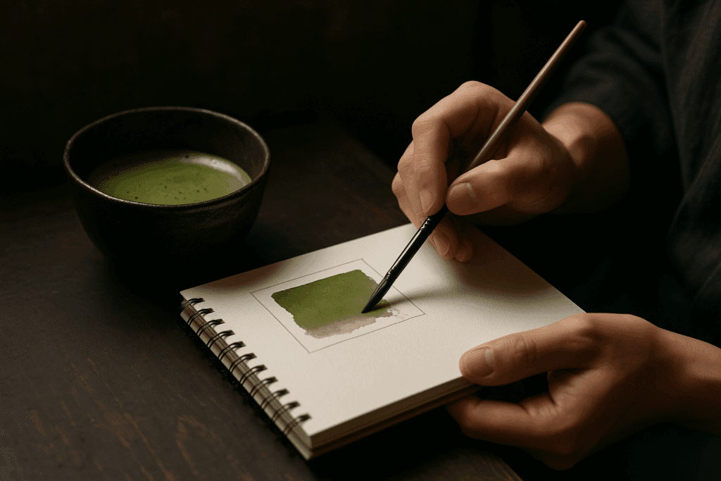 抹茶を見ながら抹茶色の色見本を作る人の画像