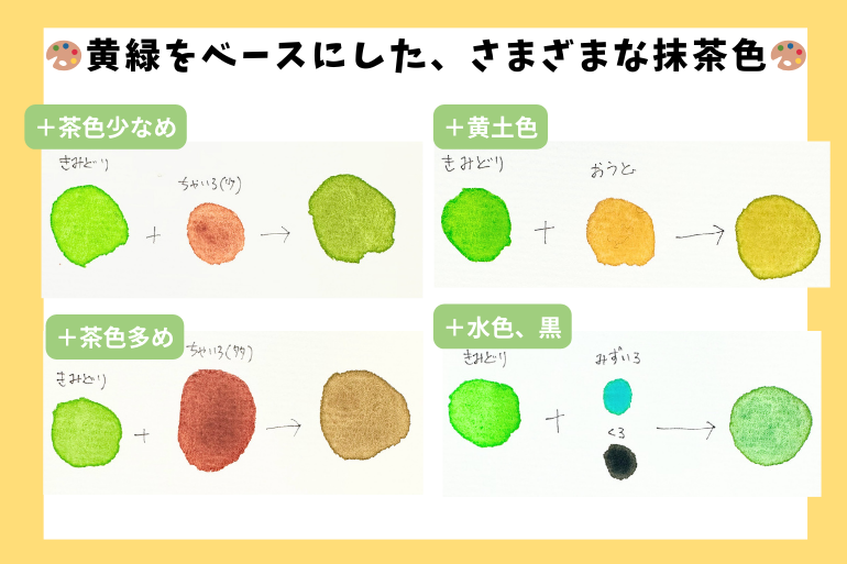 透明水彩で抹茶色を作る混色例。黄緑に茶色・黄土色・水色・黒を組み合わせた4通りのレシピを図解