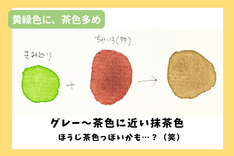 黄緑に茶色の絵具を多めに混色すると、ほうじ茶色っぽい抹茶色ができることを示した画像