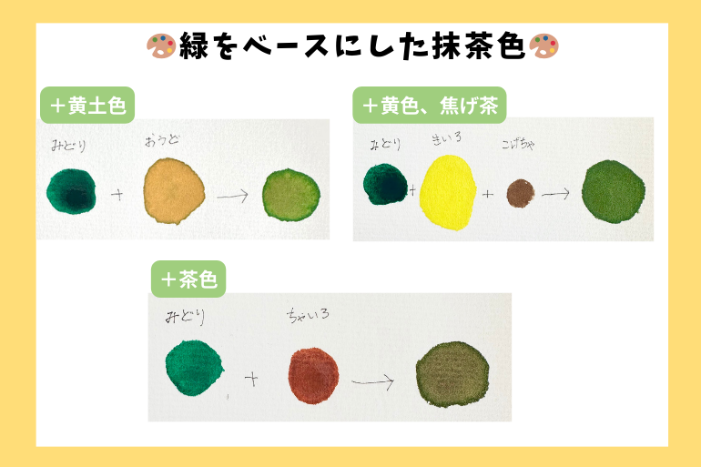 緑色をベースに、黄土色・黄色+焦げ茶・茶色を加えることで抹茶色を作る3つの混色例を示した図。混色により黄み寄りや深みのある抹茶色が表現されている。