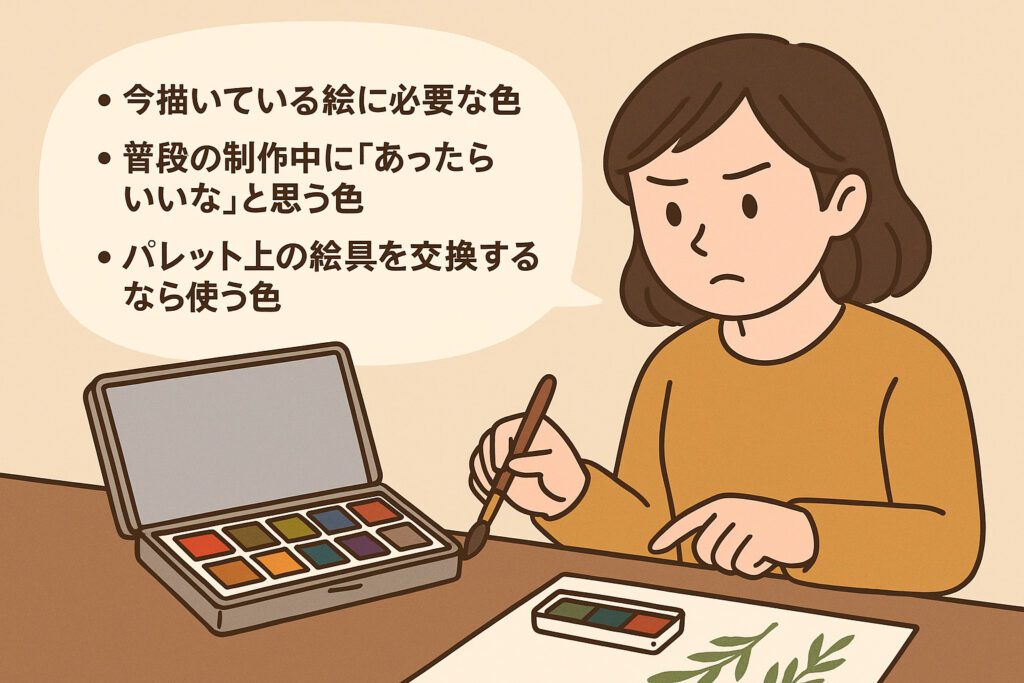 水彩パレットを前に、必要な色を真剣に考えている女性アーティスト。吹き出しには『今描いている絵に必要な色』『普段の制作中に「あったらいいな」と思う色』『パレット上の絵具を交換するなら使う色』と書かれている。