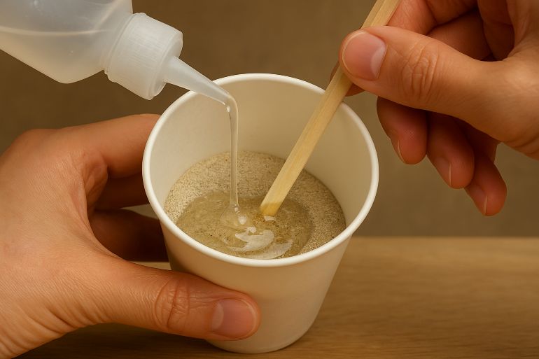 紙コップに入った砂にアラビアゴムメディウムを注ぎ入れ、割りばしでかき混ぜようとしている様子。絵具作りの工程を表している。