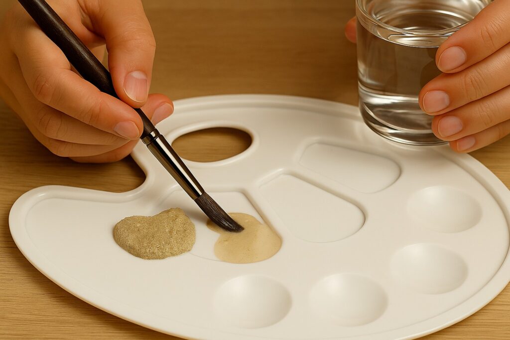 パレット上で自作の砂絵具に水を加え、筆で溶いている様子。隣には乾燥した砂絵具と水の入ったコップが見える。